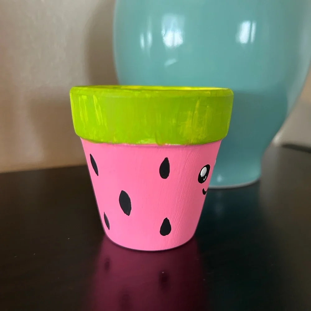 Handmade Watermelon Decorative Clay Terracotta Painted Pot Hot Pink Green Fruit